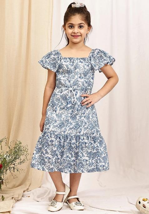 Blue Floral Cotton Blend Dress For Girls