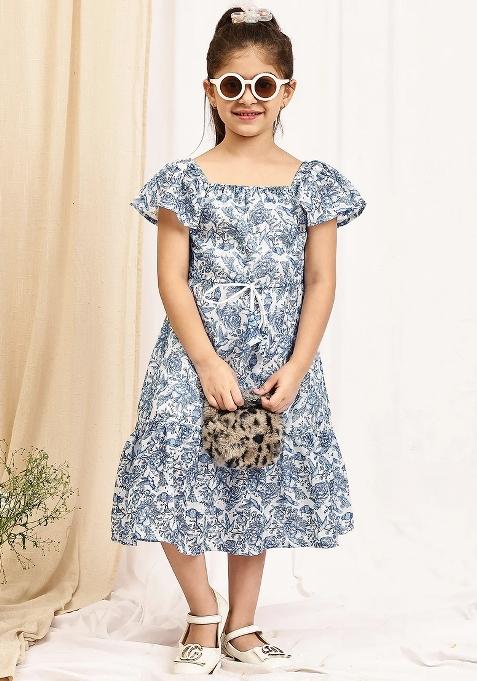 Blue Floral Cotton Blend Dress For Girls