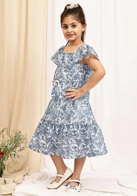 Blue Floral Cotton Blend Dress For Girls