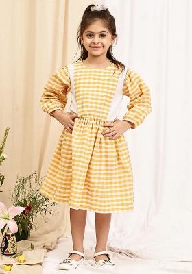 Yellow Check Cotton Blend Dress For Girls
