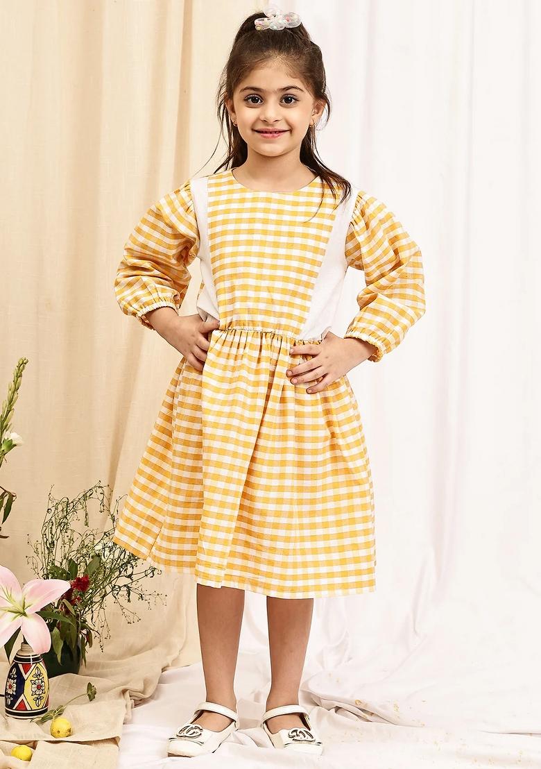 Yellow Check Cotton Blend Dress For Girls