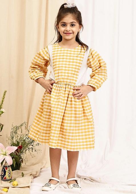 Yellow Check Cotton Blend Dress For Girls