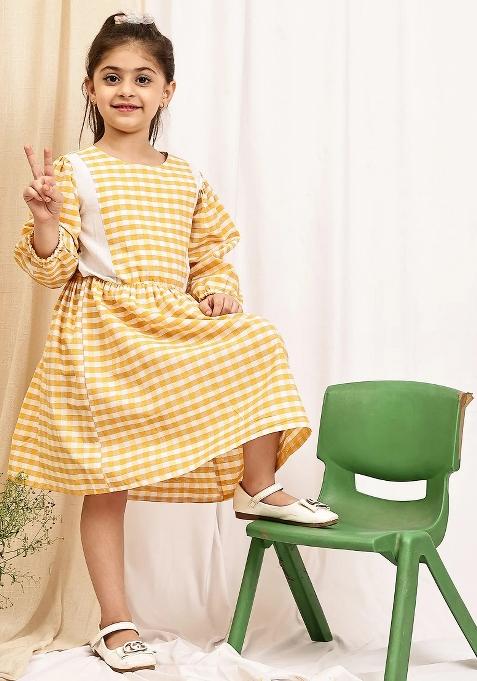 Yellow Check Cotton Blend Dress For Girls