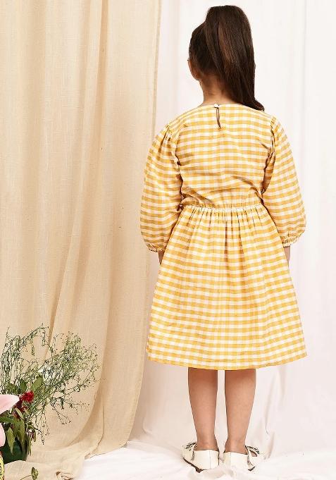 Yellow Check Cotton Blend Dress For Girls