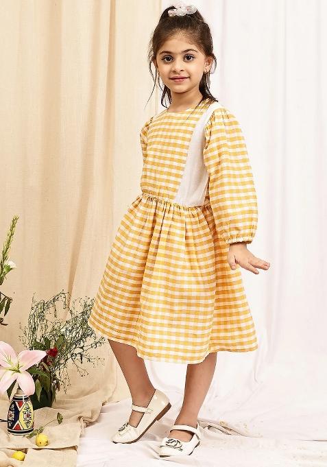 Yellow Check Cotton Blend Dress For Girls