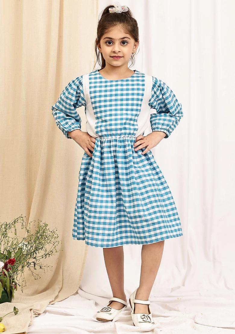Sky Blue Check Cotton Blend Dress For Girls