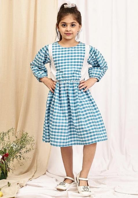 Sky Blue Check Cotton Blend Dress For Girls