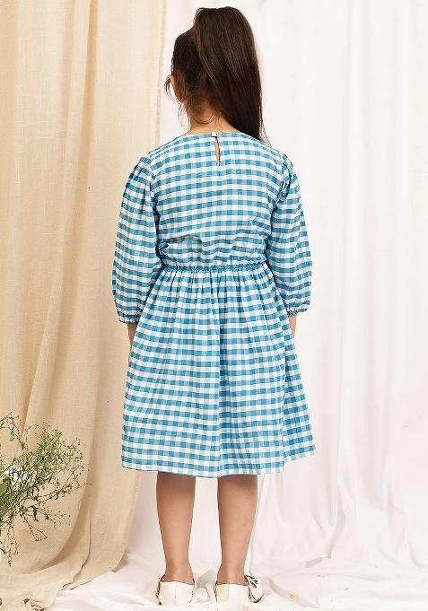 Sky Blue Check Cotton Blend Dress For Girls