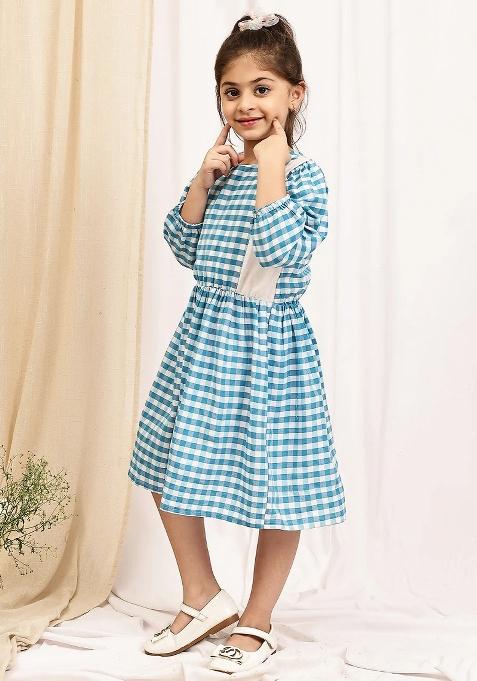 Sky Blue Check Cotton Blend Dress For Girls
