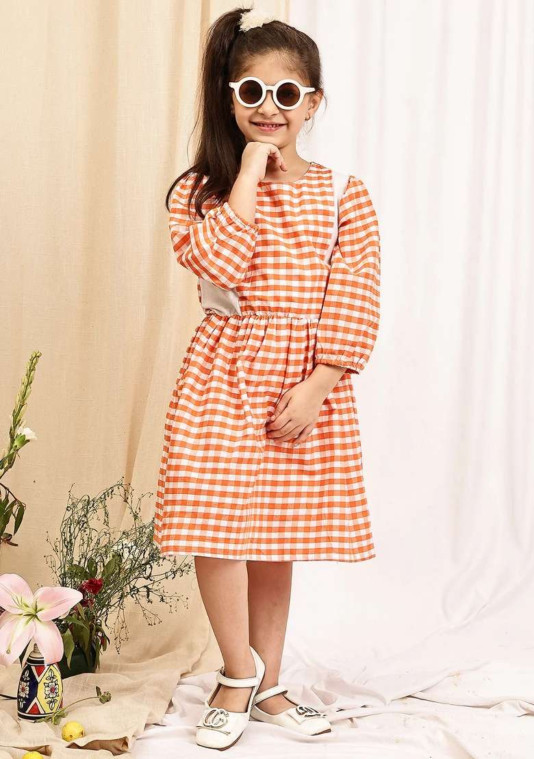 Peach Check Cotton Blend Dress For Girls - Indya