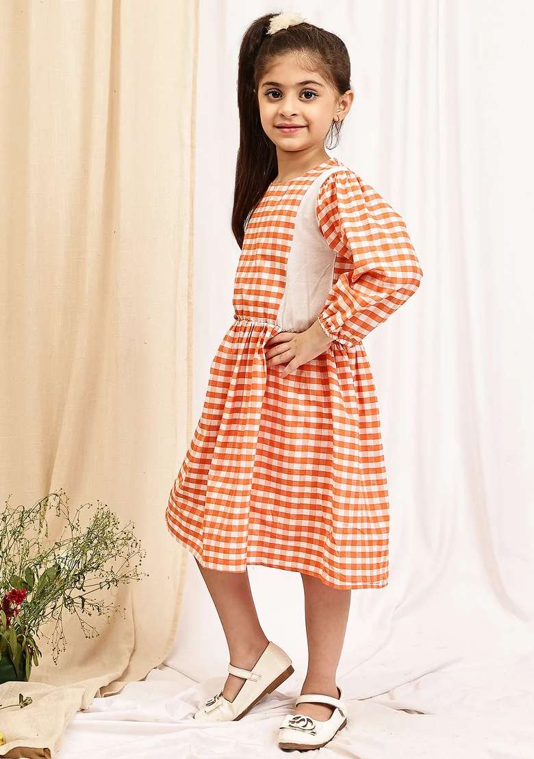 Peach Check Cotton Blend Dress For Girls - Indya