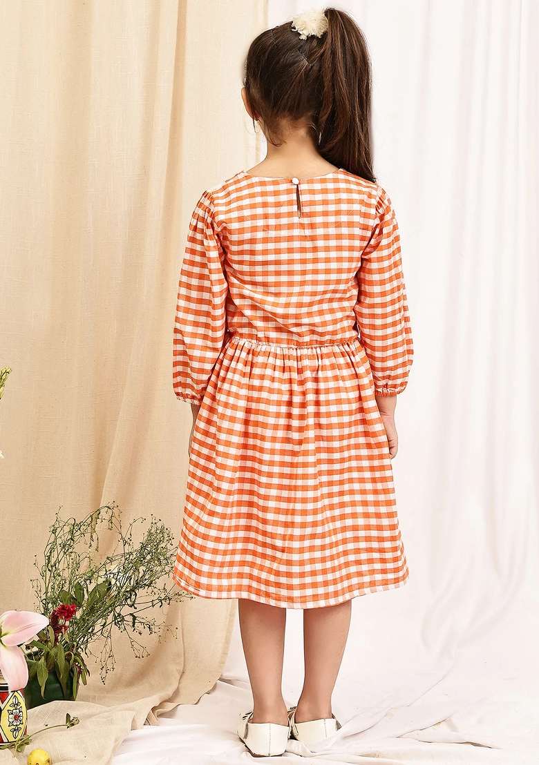 Peach Check Cotton Blend Dress For Girls - Indya
