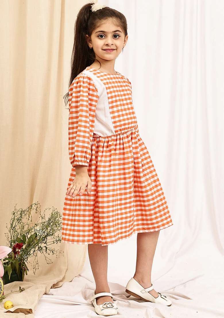 Peach Check Cotton Blend Dress For Girls - Indya