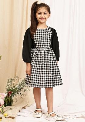 Black Check Cotton Blend Dress For Girls