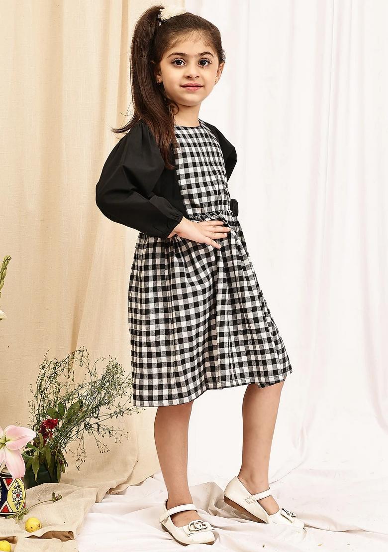 Black Check Cotton Blend Dress For Girls