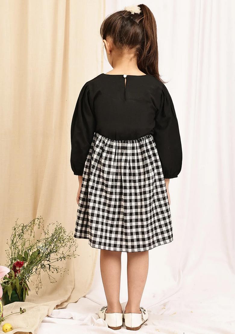 Black Check Cotton Blend Dress For Girls