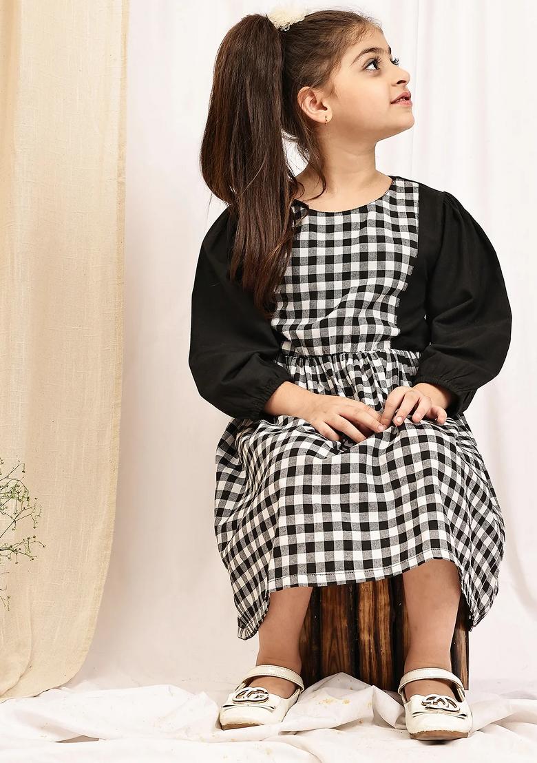 Black Check Cotton Blend Dress For Girls