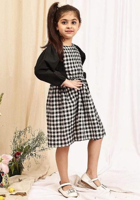 Black Check Cotton Blend Dress For Girls
