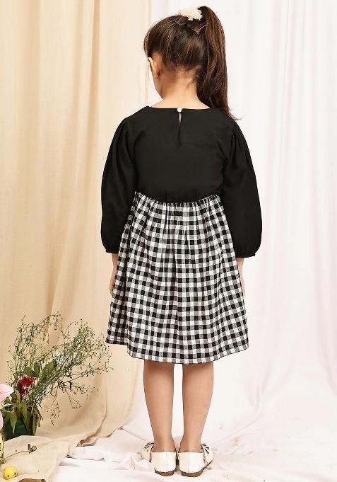 Black Check Cotton Blend Dress For Girls