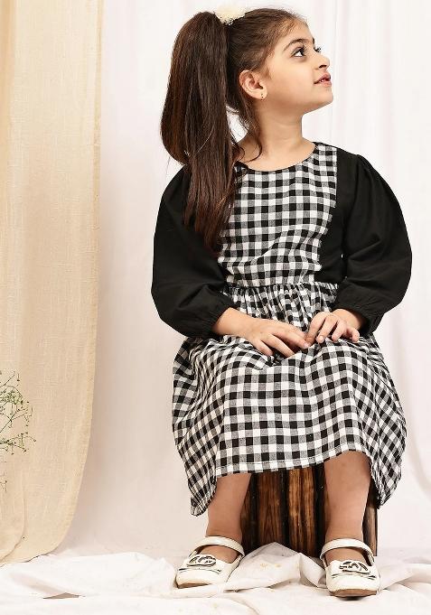 Black Check Cotton Blend Dress For Girls