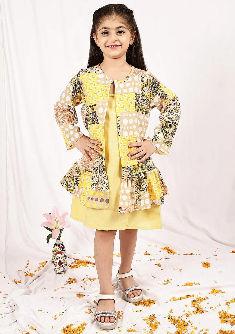 Yellow Floral Cotton Blend Dress With Shrug For Girls