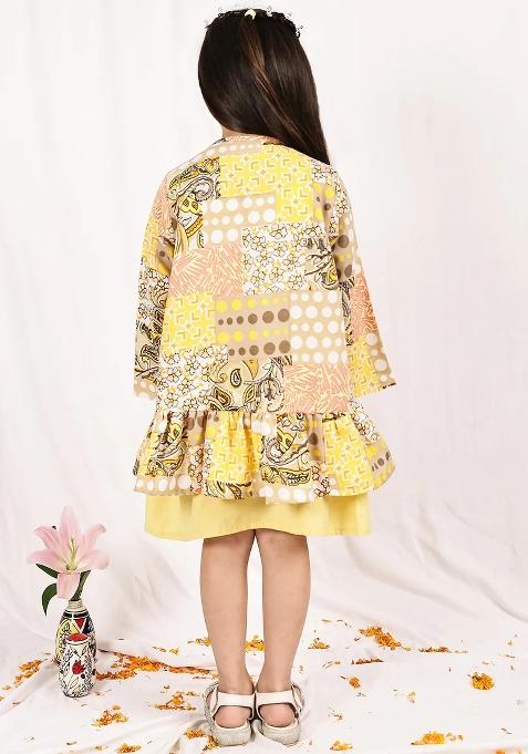 Yellow Floral Cotton Blend Dress With Shrug For Girls