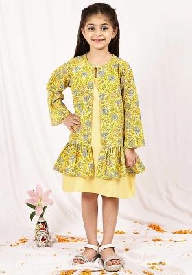 Yellow Floral Cotton Blend Dress With Shrug For Girls