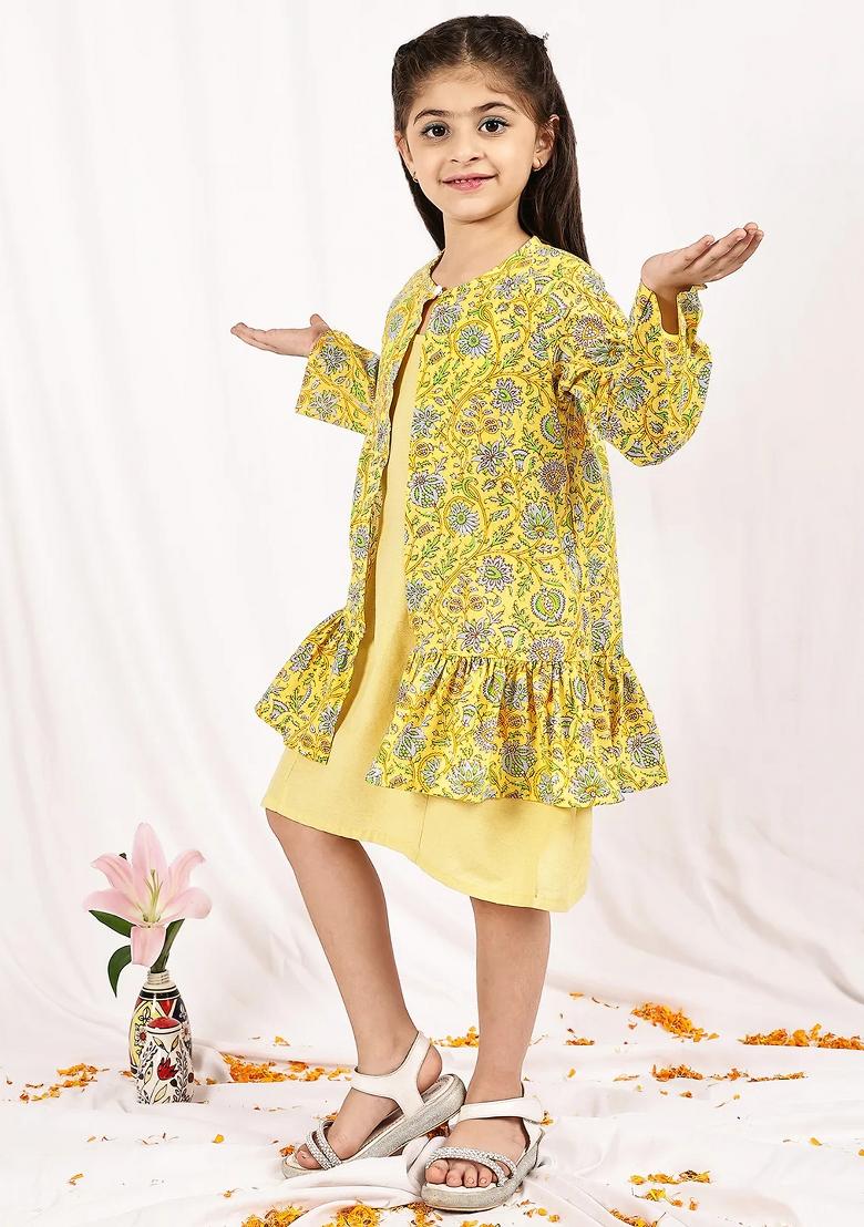 Yellow Floral Cotton Blend Dress With Shrug For Girls