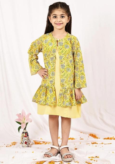 Yellow Floral Cotton Blend Dress With Shrug For Girls