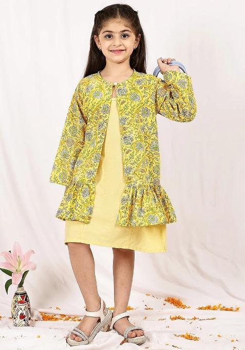 Yellow Floral Cotton Blend Dress With Shrug For Girls