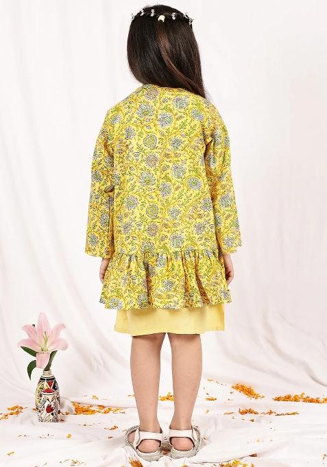 Yellow Floral Cotton Blend Dress With Shrug For Girls