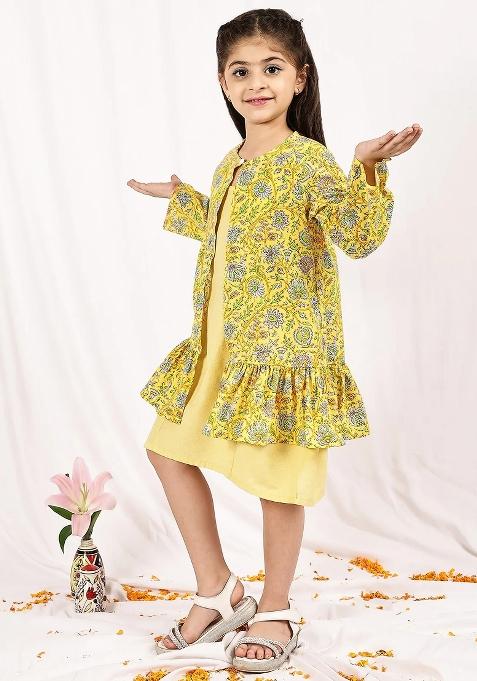 Yellow Floral Cotton Blend Dress With Shrug For Girls