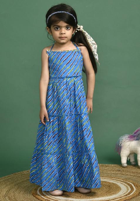 Girls Blue Leheriya Printed Dress