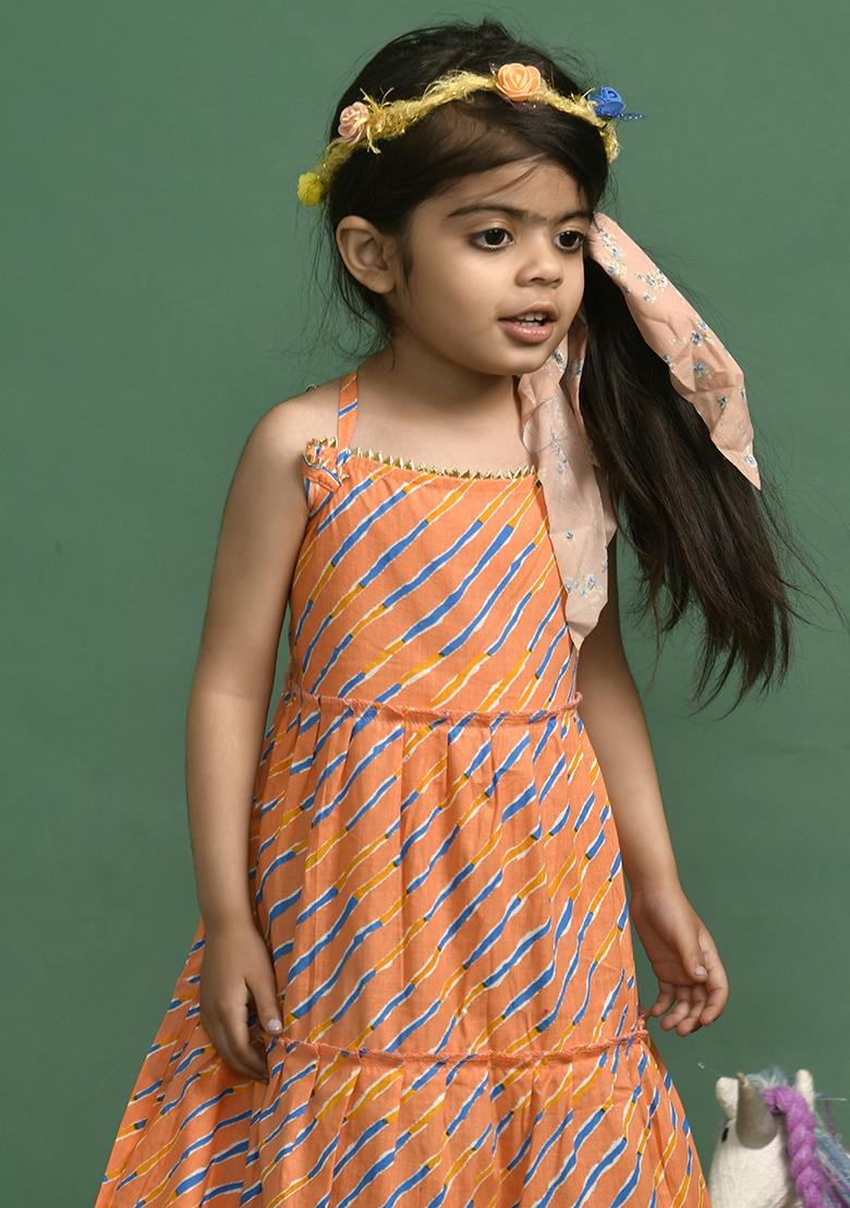 Girls Peach Leheriya Dress - Indya