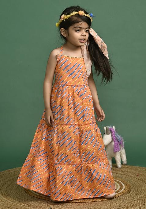 Girls Peach Leheriya Dress