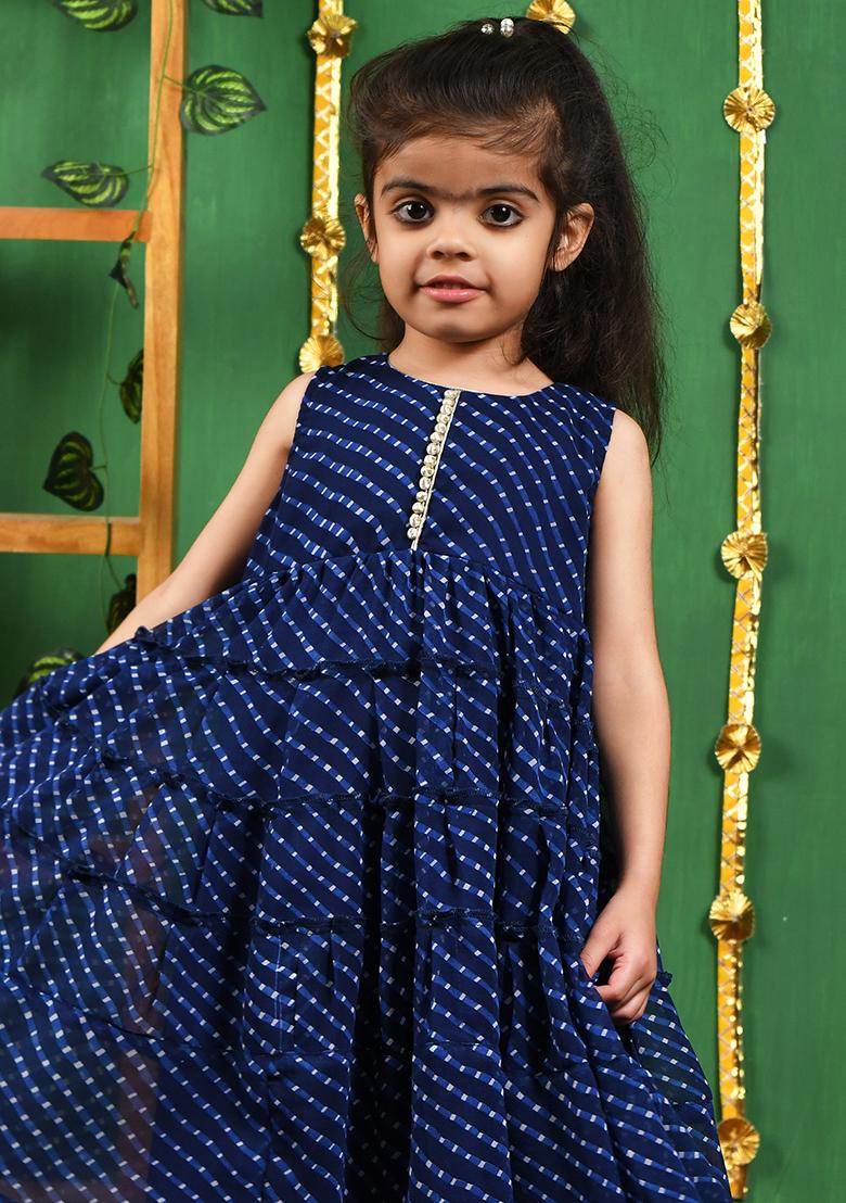 Girls Blue Modal Frilly Anarkali Gown - Indya