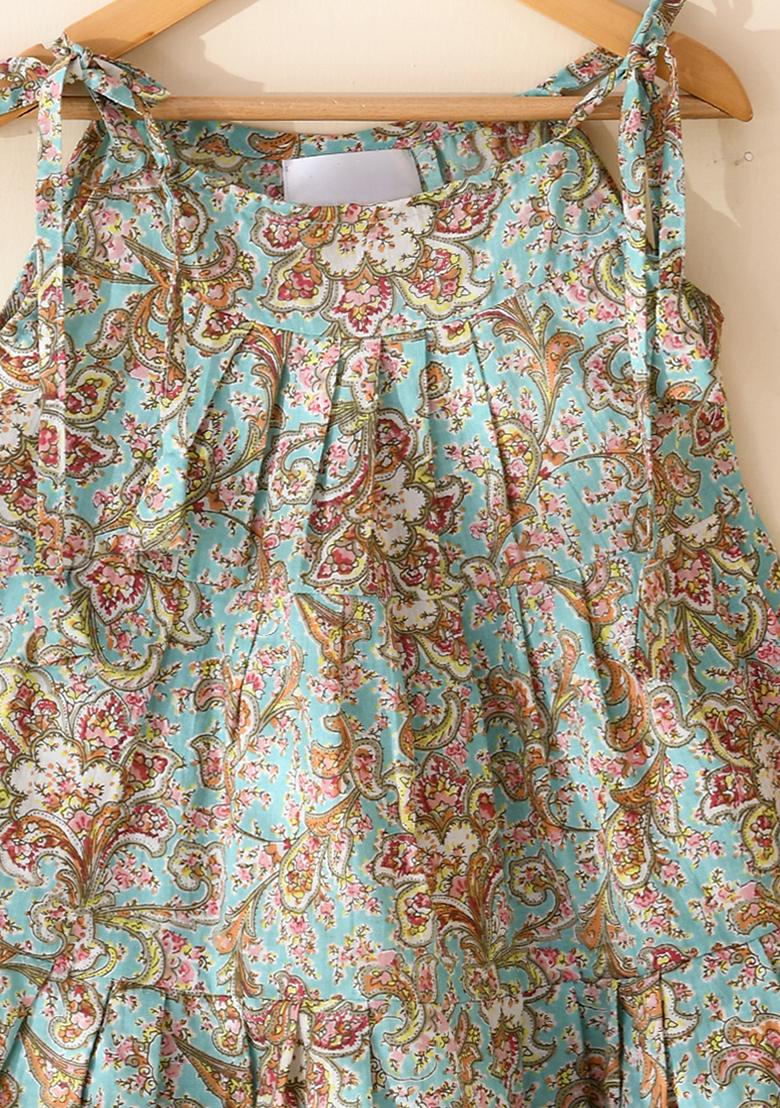 Girls Blue Tiered Flared Dress - Indya