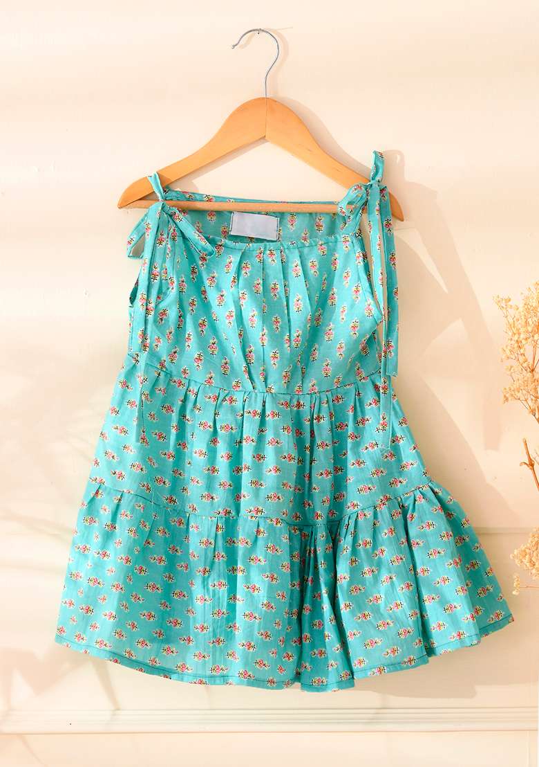 Girls Aqua Blue Tiered Flared Frock Dress - Indya