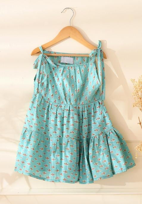 Girls Aqua Blue Tiered Flared Frock Dress