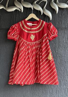 Red Embroidery Cotton Dress For Girls