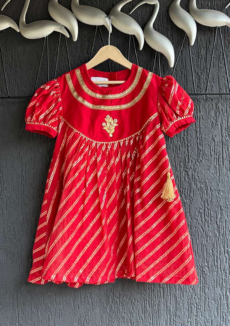 Red Embroidery Cotton Dress For Girls - Indya