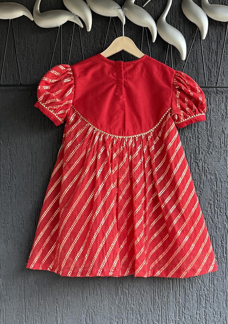 Red Embroidery Cotton Dress For Girls - Indya