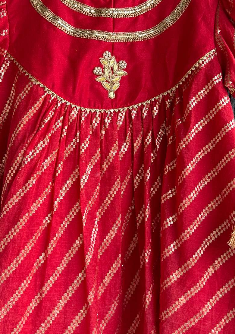 Red Embroidery Cotton Dress For Girls - Indya