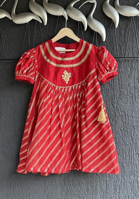 Red Embroidery Cotton Dress For Girls