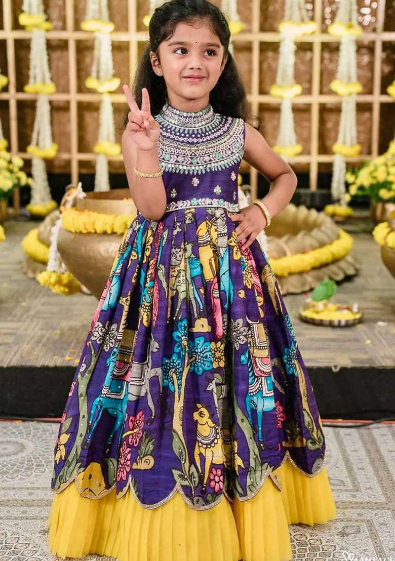 Navy Blue Embroidery Silk Gown For Girl - Indya