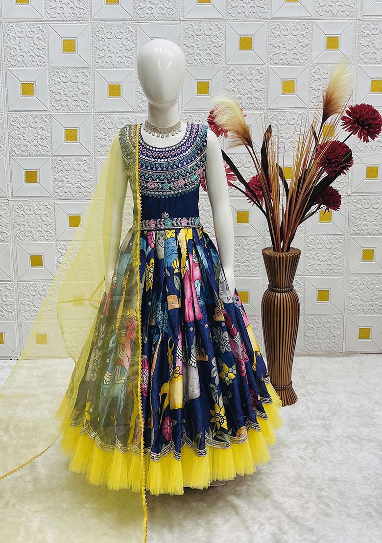 Navy Blue Embroidery Silk Gown For Girl - Indya