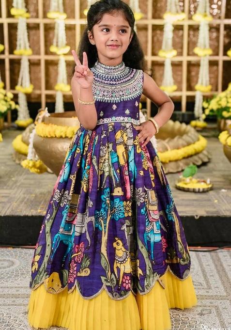 Navy Blue Embroidery Silk Gown For Girl