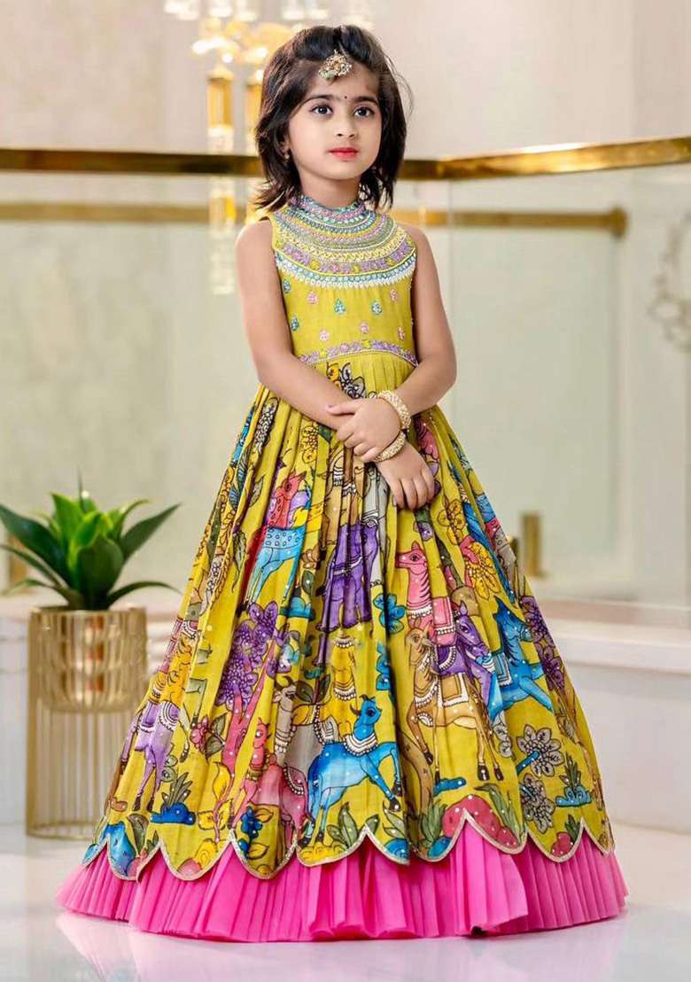 Yellow Embroidery Silk Gown For Girl - Indya