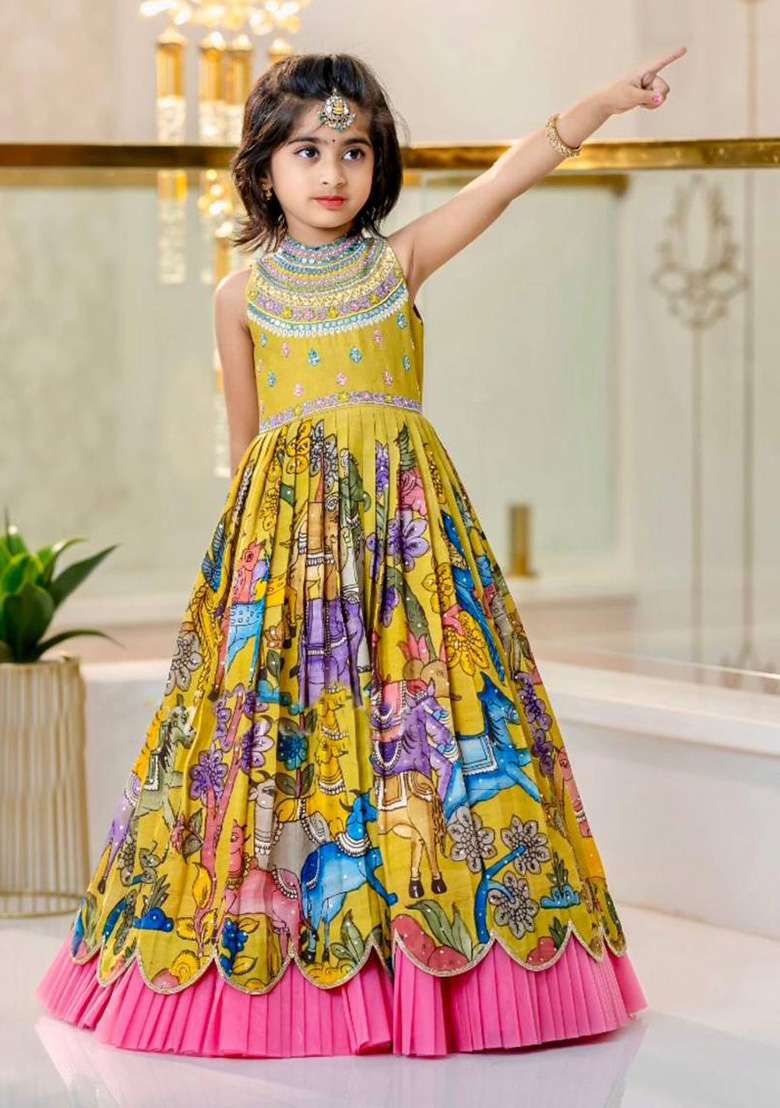 Yellow Embroidery Silk Gown For Girl - Indya
