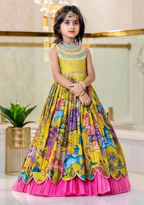 Yellow Embroidery Silk Gown For Girl